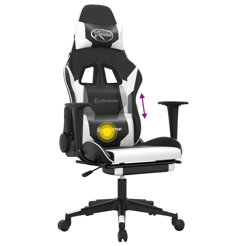 Sedia Gaming | Sedia da e-sports Massaggiante Poggiapiedi Nero e Bianco Similpelle