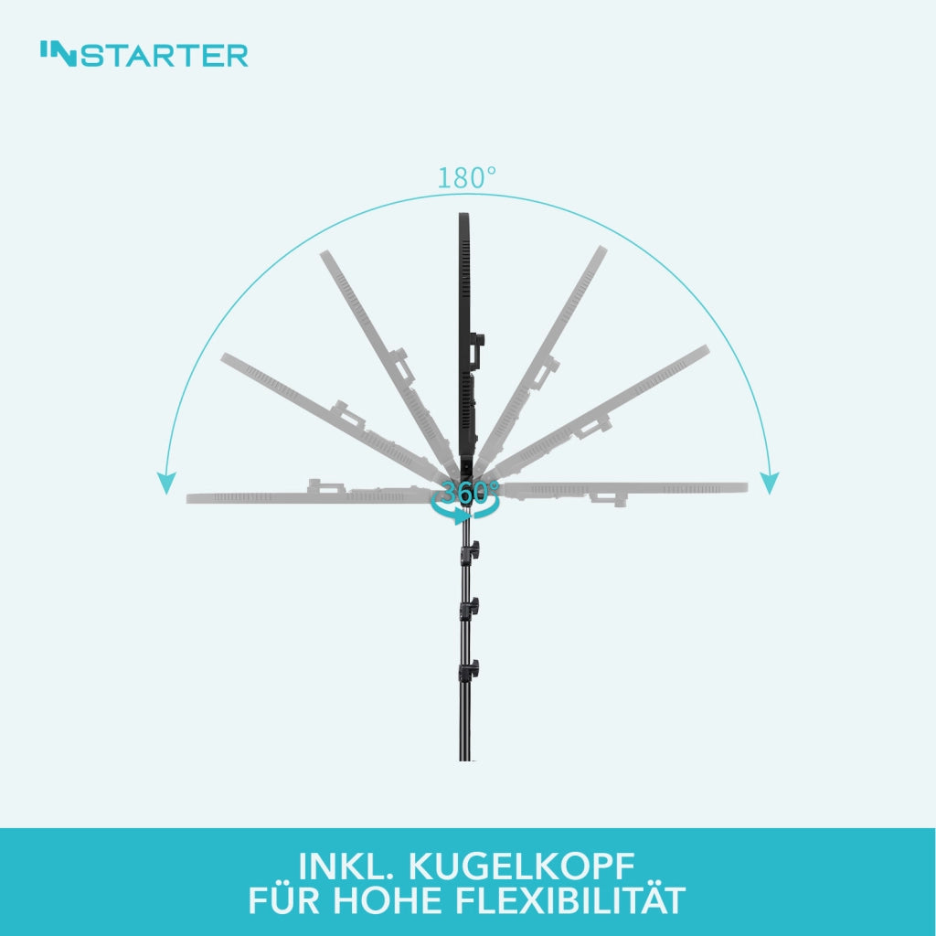 Instarter Ring light a LED con treppiedi, Luce ad anello orientabile a 180°, Lampada per video da 60 W con testa a sfera 360°, illuminazione regolabile