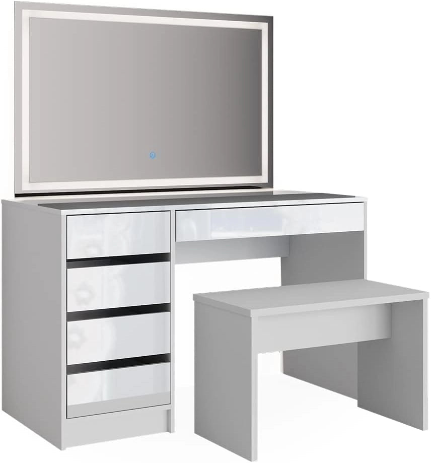 Tavolo da toeletta Sherry, Bianco, 120 cm con specchio a LED e panca, adatto per la cura quotidiana e per l’applicazione del trucco