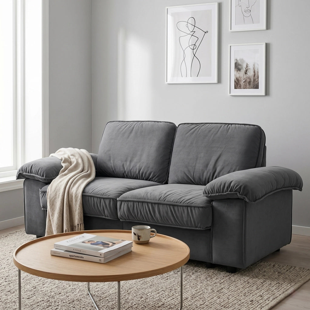 Divano con vano contenitore, seduta ergonomica e braccioli imbottiti, con cuscini schienale in tessuto grigio