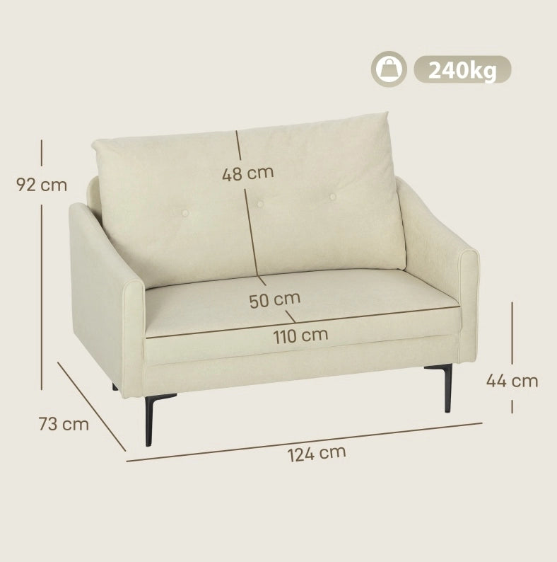 Divano 2 posti in tessuto crema con imbottitura in schiuma e gambe in metallo, 124 cm
