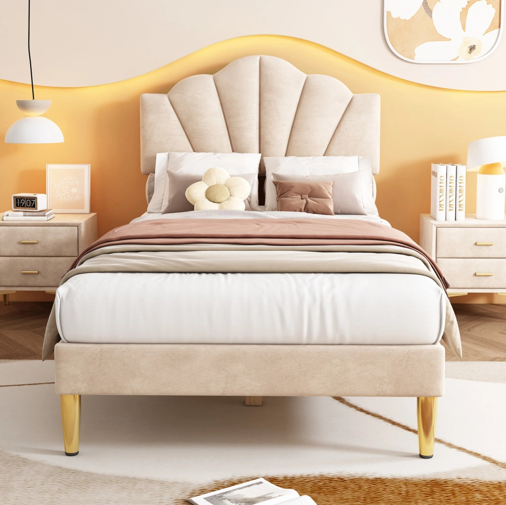 Letto imbottito 90x200 cm; testiera regolabile; velluto beige (Senza materasso)