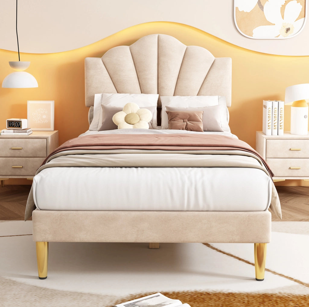 Letto imbottito 90x200 cm; testiera regolabile; velluto beige (Senza materasso)