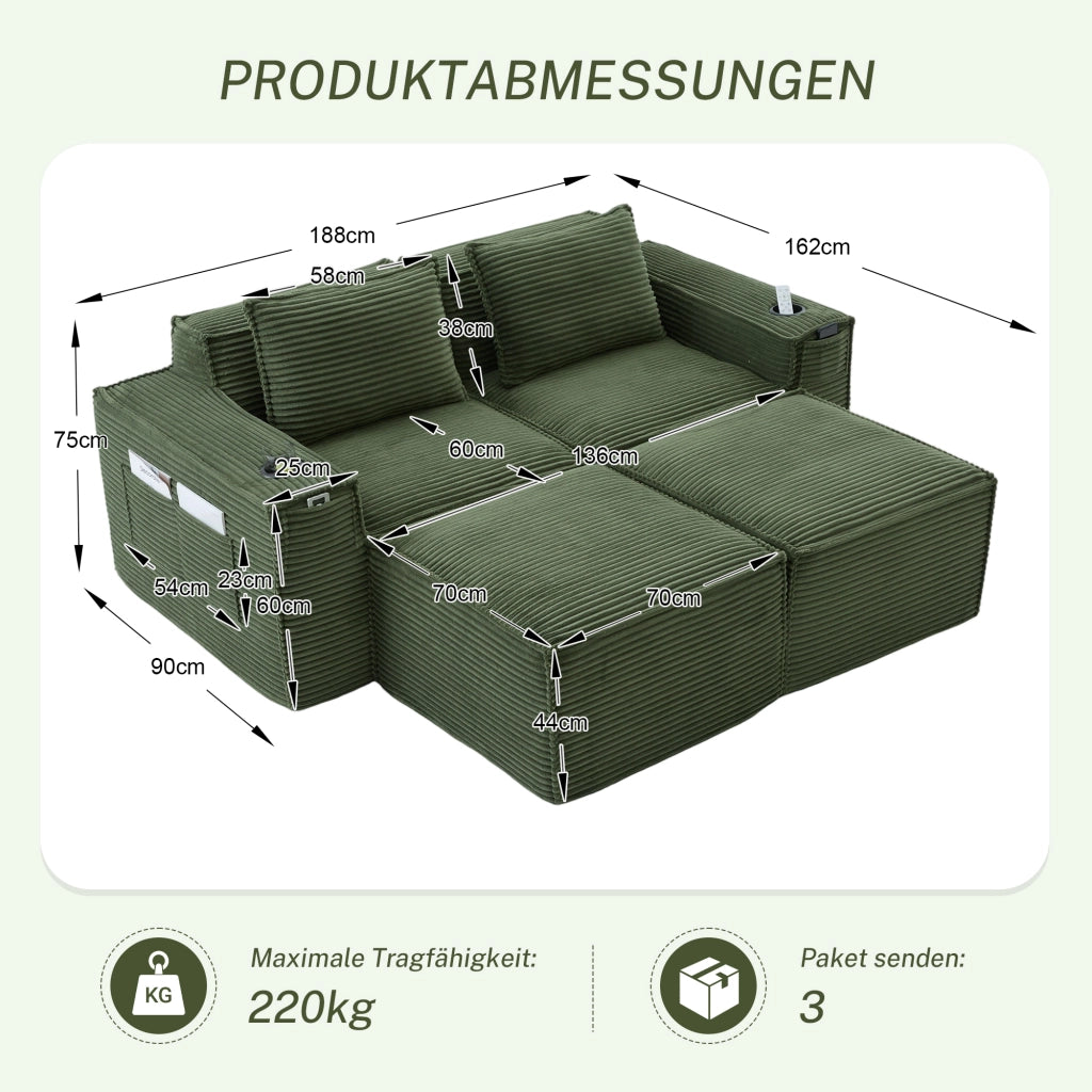 Divano modulare a 2 posti in tessuto effetto corda con portabicchieri e tasche laterali verde 188 × 162 × 75 cm