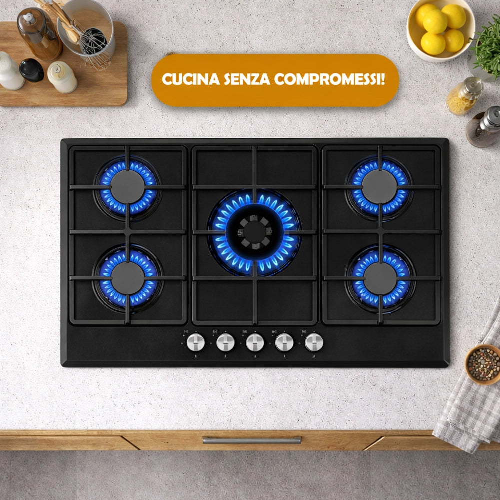 Piano Cottura 5 Fuochi Gas da Incasso 90x55cm in Acciaio Nero e Ghisa per Cucina