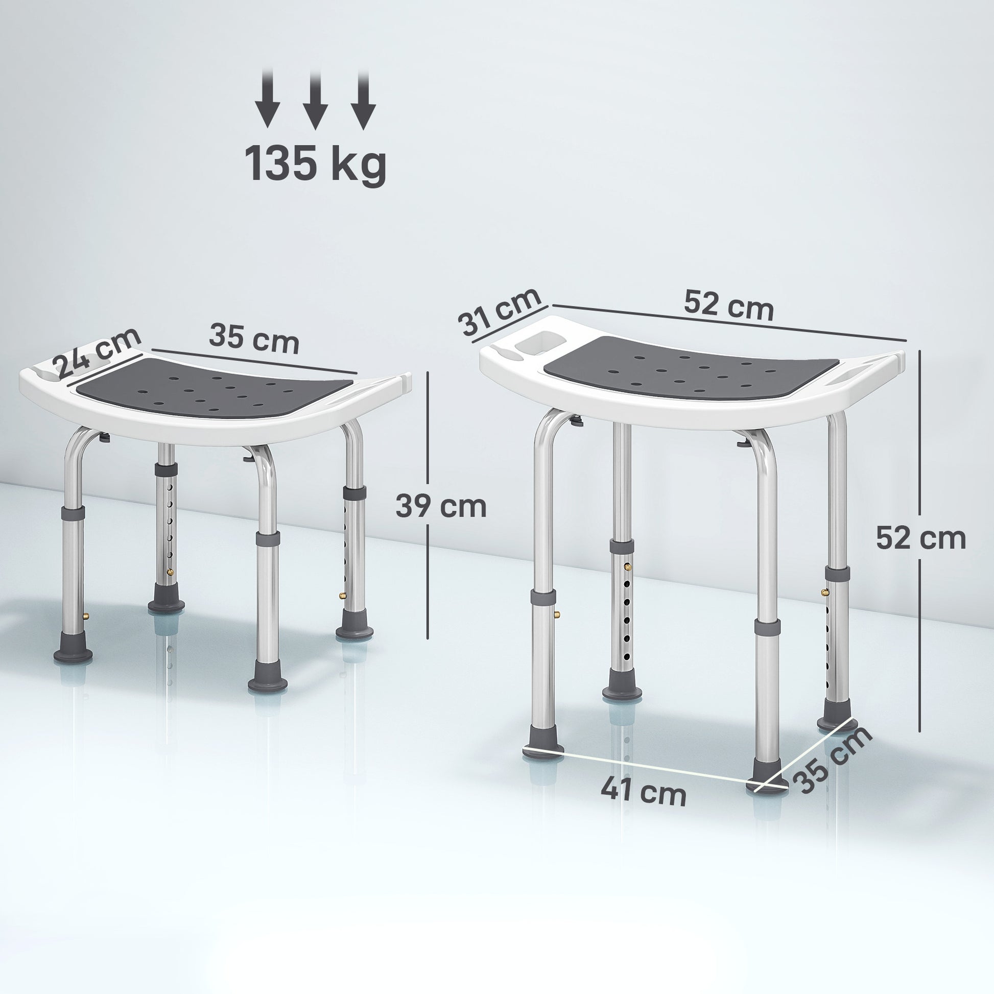 Sgabello da Doccia Altezza Regolabile 6 Livelli 39-52 cm in Lega di Alluminio e Plastica Antiscivolo Grigio