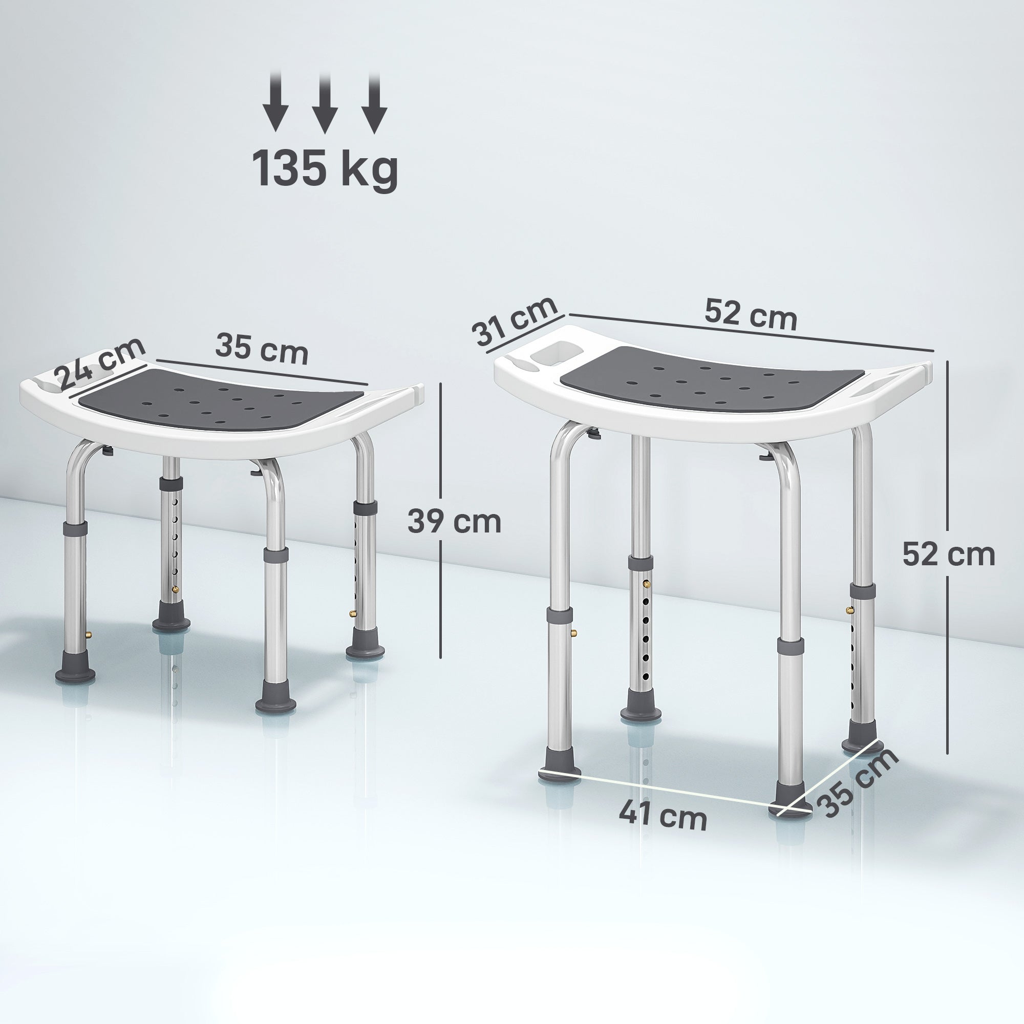 Sgabello da Doccia Altezza Regolabile 6 Livelli 39-52 cm in Lega di Alluminio e Plastica Antiscivolo Grigio