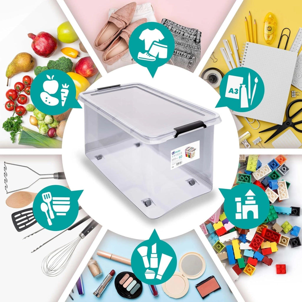 ® 4X 60L Scatole in Plastica Trasparente Senza BPA Contenitori con Coperchio Impilabili Ruote Cassette Salvaspazio