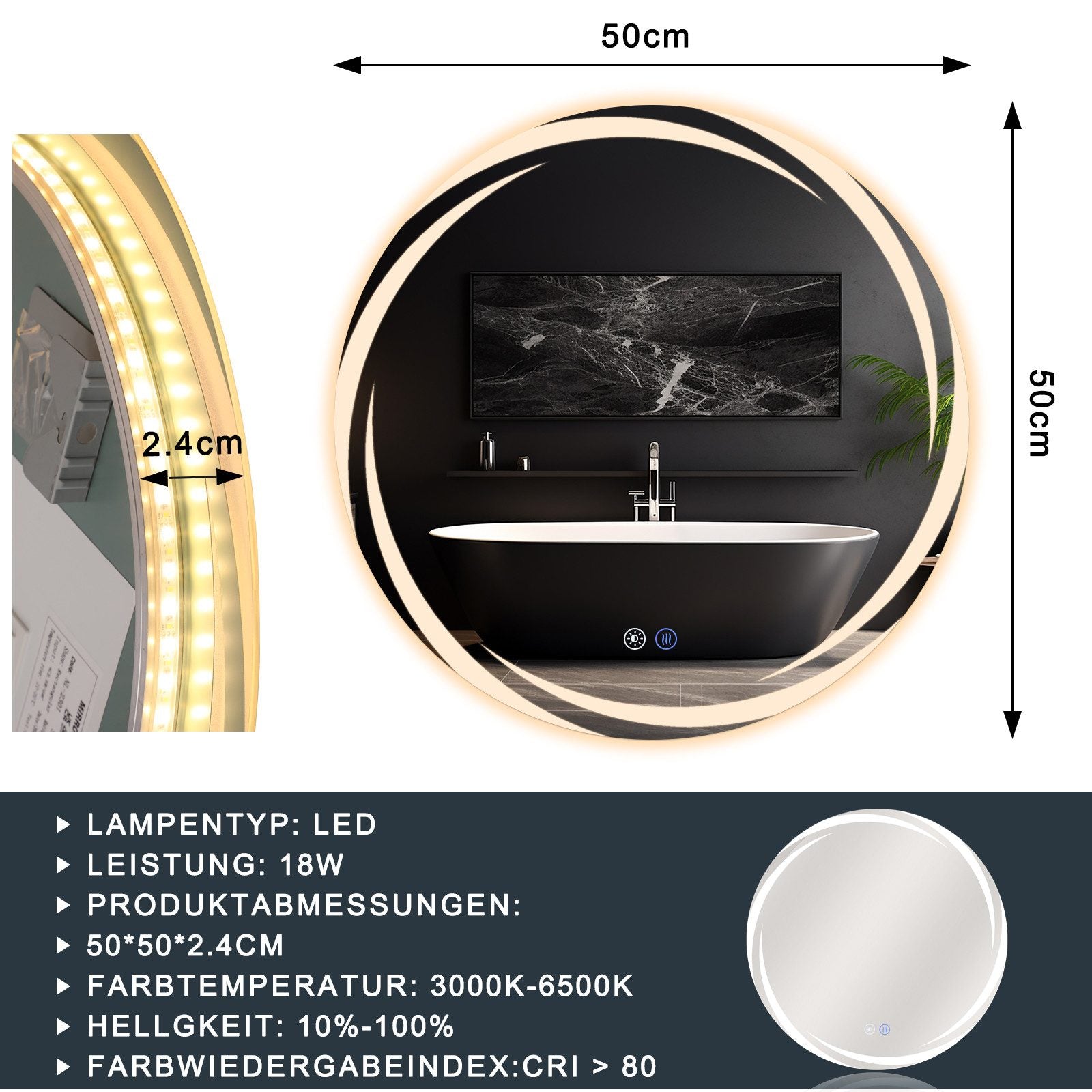 ZMH Specchio da bagno con illuminazione Specchio da bagno moderno rotondo IP44 con funzione touch