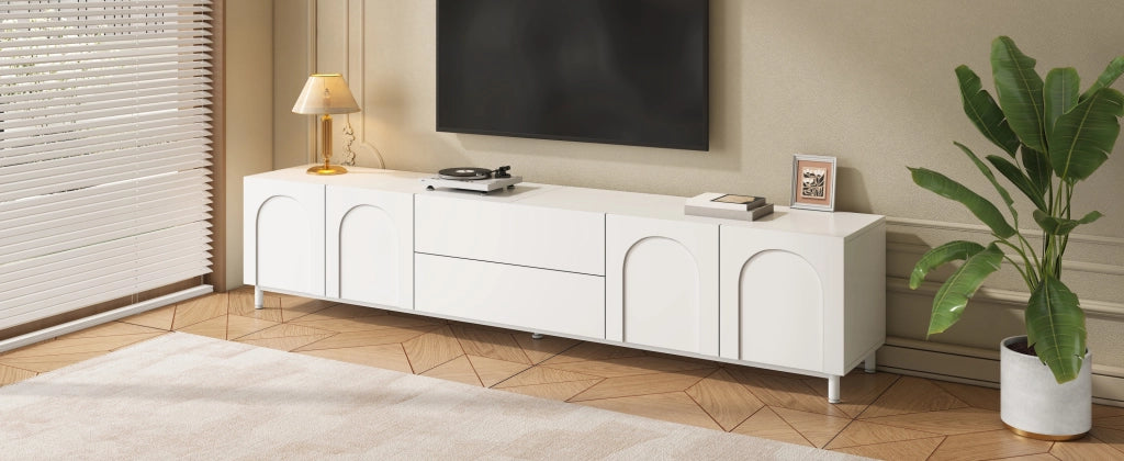 Mobile porta TV con 4 ante e 2 cassetti, passacavi laterali, per soggiorno, in MDF e truciolare, bianco, 180 × 40 × 48 cm
