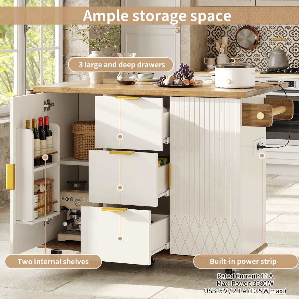Isola da cucina con rotelle, piano ribaltabile, 3 cassetti, presa di corrente, finitura effetto legno, bianco