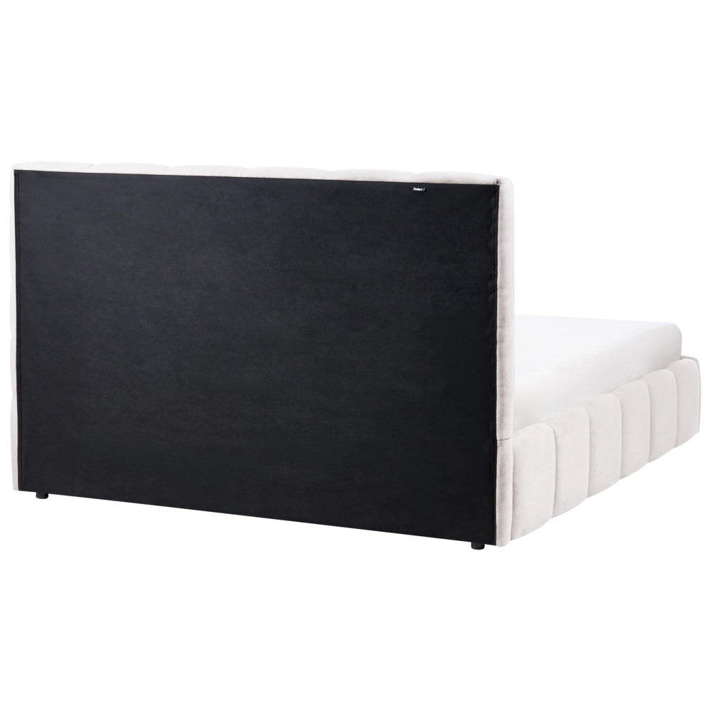 Letto matrimoniale contenitore con trapuntatura verticale in tessuto bianco sporco 160x200 cm struttura sollevabile e testiera alta
