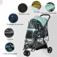 Passeggino per Cani Piccoli Pieghevole a 3 Ruote con Copertura Antipioggia e Cestino, Verde