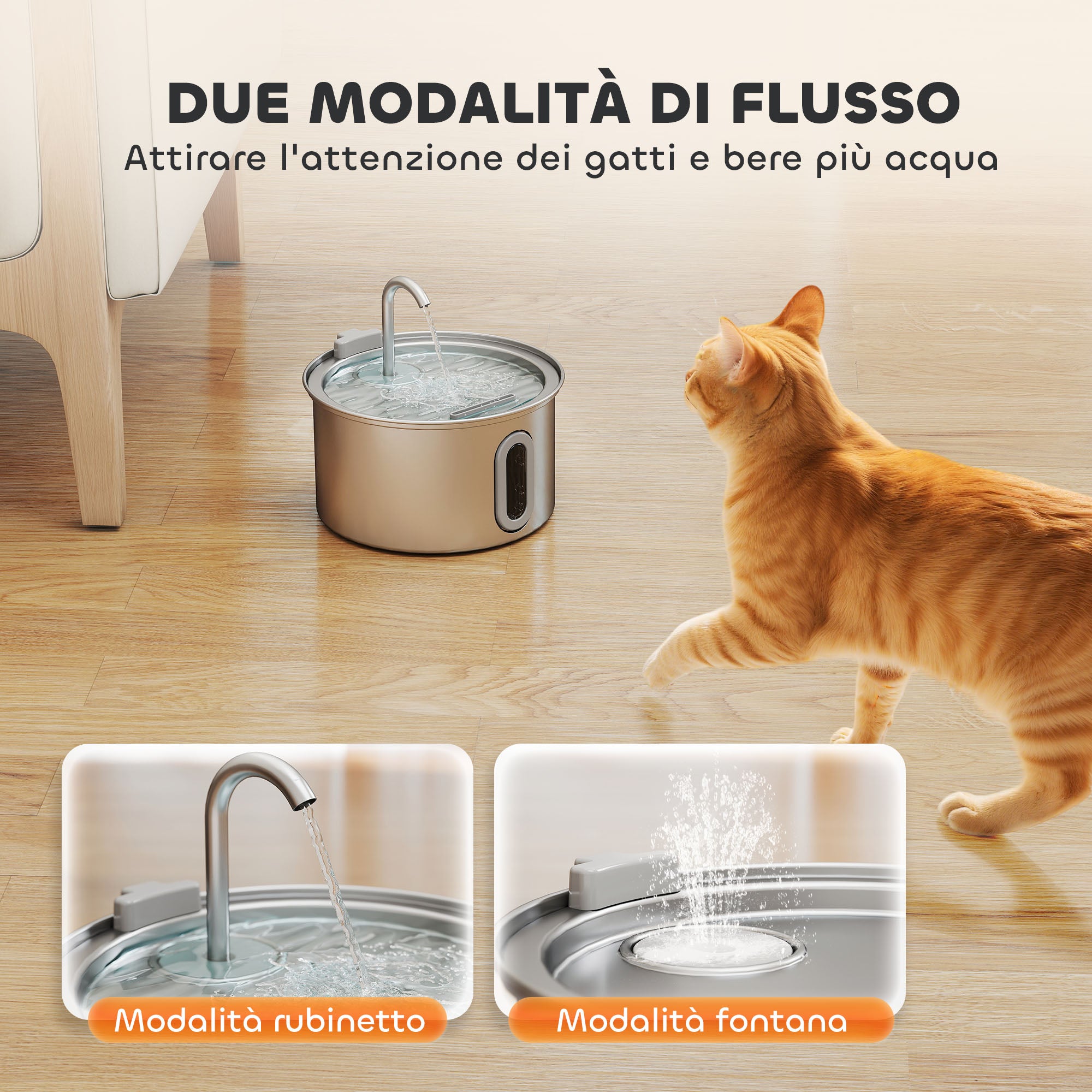 Fontanella per Gatti Ø19,4x18,7 cm Capacità 2,5L con Luce LED e 2 Modalità di Flusso in Acciaio Inox Argento