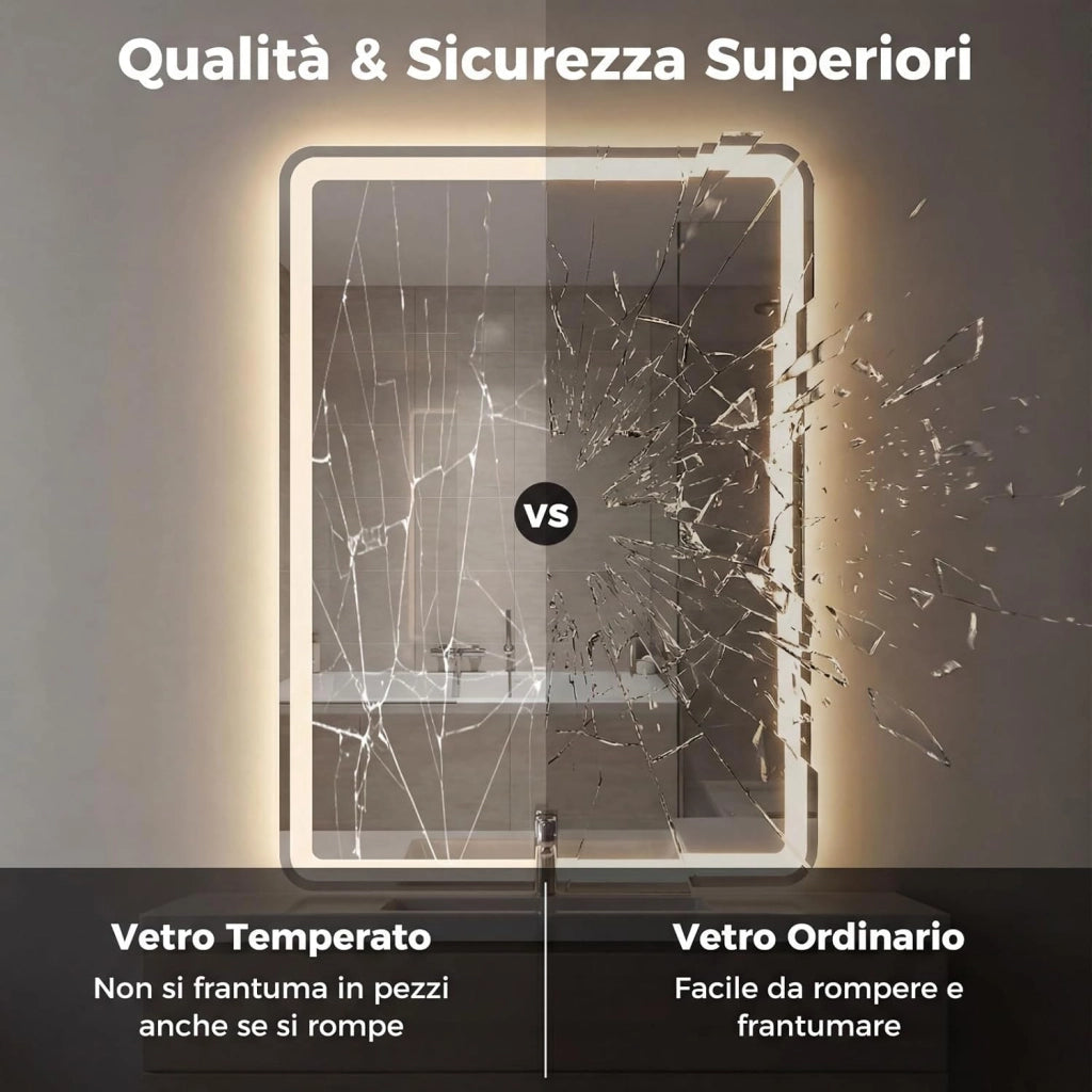 Specchio da Bagno LED 70 x 50 cm, Vetro Temperato Antiesplosione, Specchio da Parete Retroilluminato Dimmerabile con 3 Colori di Illuminazione e Anti-Appannamento (70 x 50 x 3 cm)