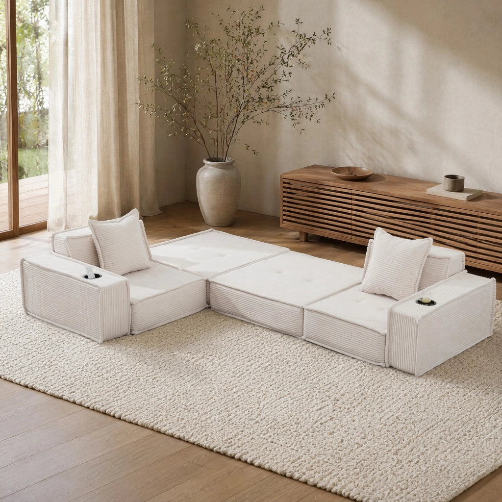 DIVANO pouf modulare 162x78x66 cm velluto a coste beige con 2 cuscini