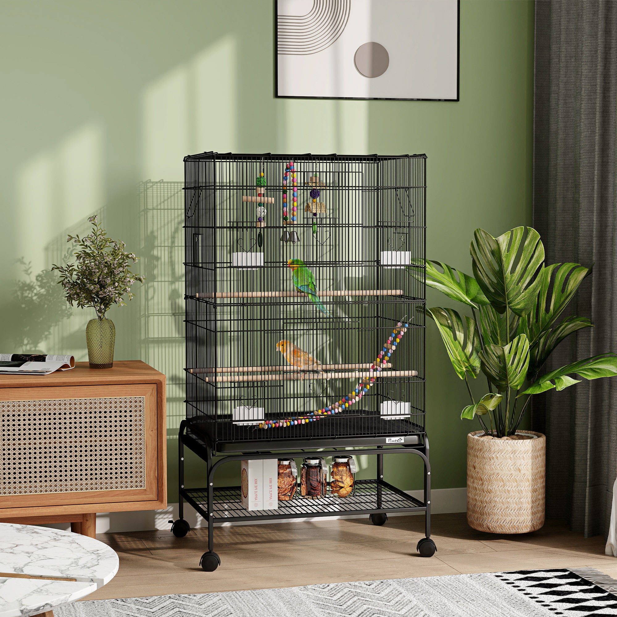 Gabbia per Uccelli 64x45x110 cm con Area Gioco Vassoio Estraibile e Mensola Nero