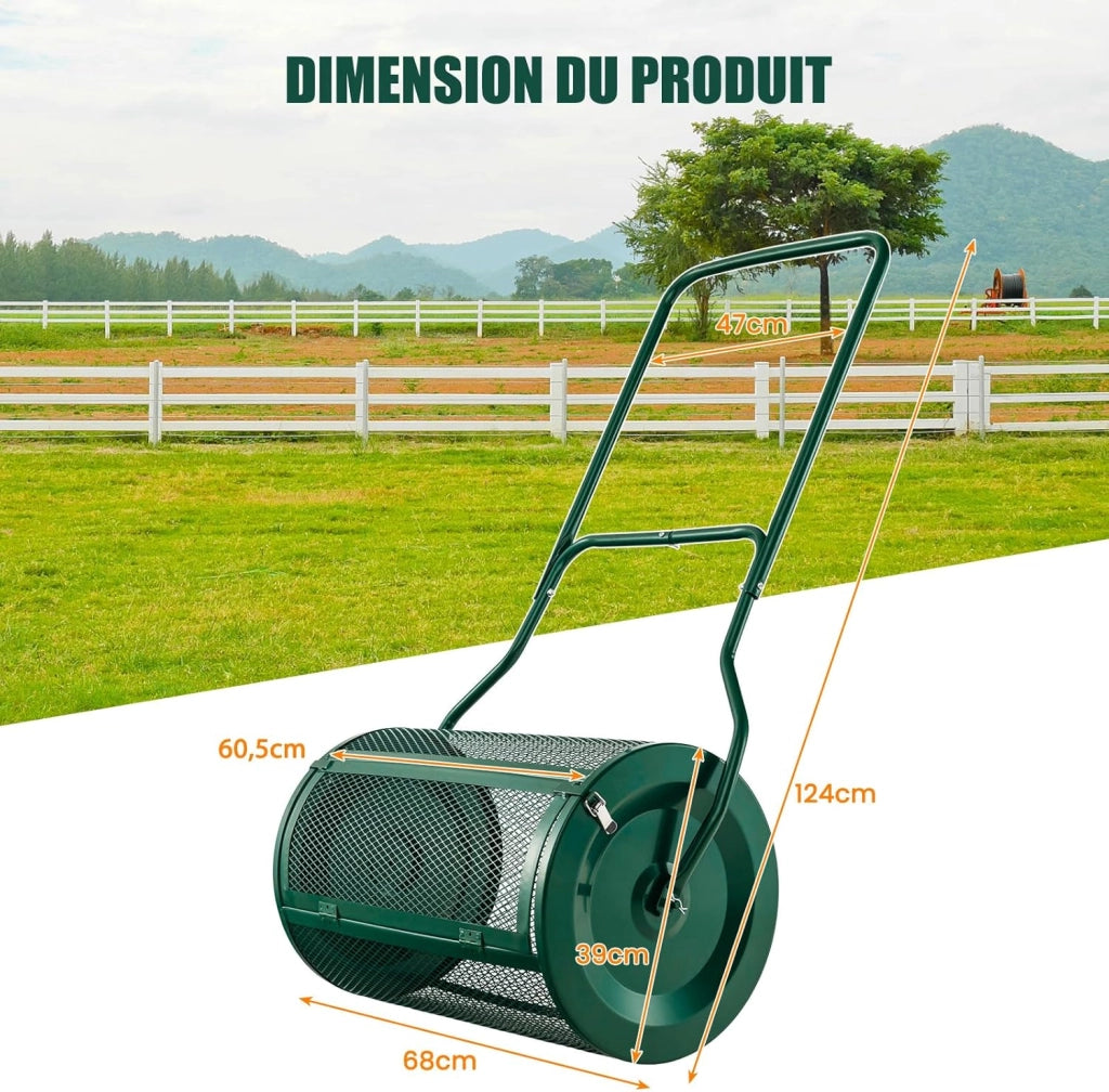 Rullo Spargiconcime Prato da 80L, Spargiconcime a Rullo Ø39 x 68 cm con Manico e Cestello in Rete Metallica, Spargiterriccio da Giardino per Concimazione e Semina (Verde)