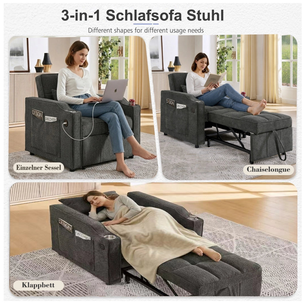 Fauteuil convertible 3 in 1 con funzione letto schienale regolabile a 3 posizioni USB e USB-C in tessuto grigio scuro