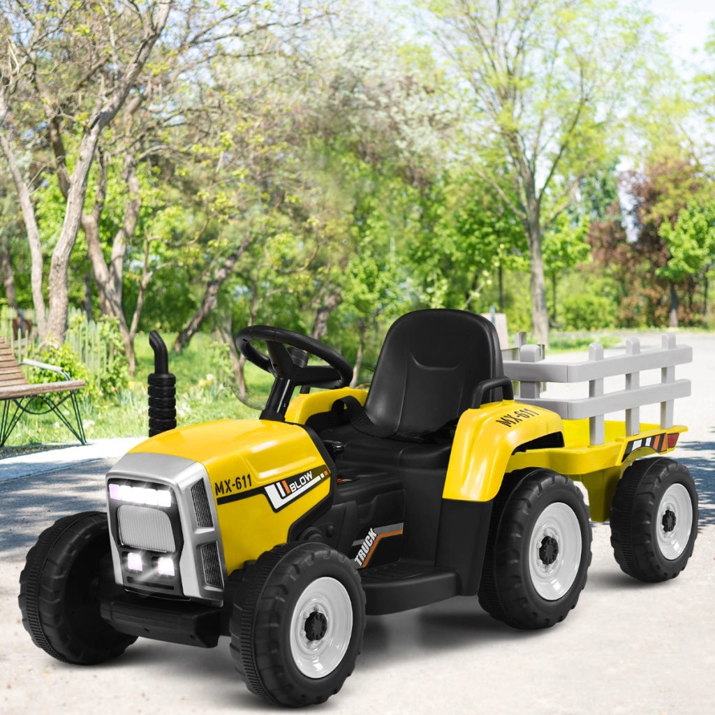 Trattore giocattolo elettrico con 3 marce luci led musica clacson, Trattore con rimorchio 12 v per bambini Giallo-Macchinine giocattoli