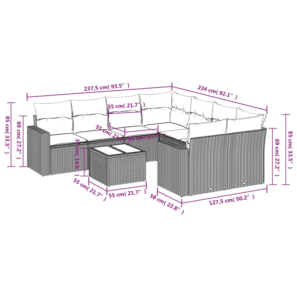 Set Divano da Giardino 9 pz con Cuscini Grigio in Polyrattan