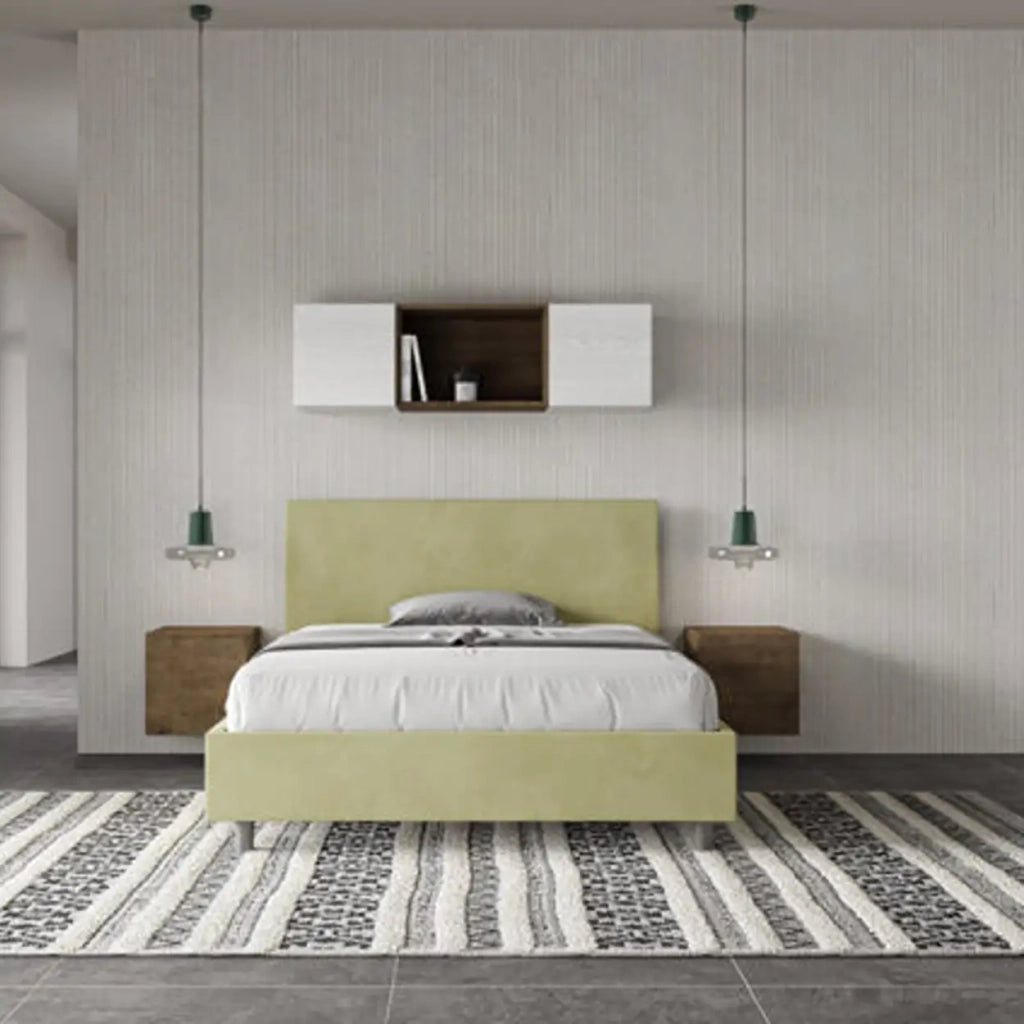 Letto matrimoniale francese senza rete imbottito 140x210 microfibra tè verde Adele