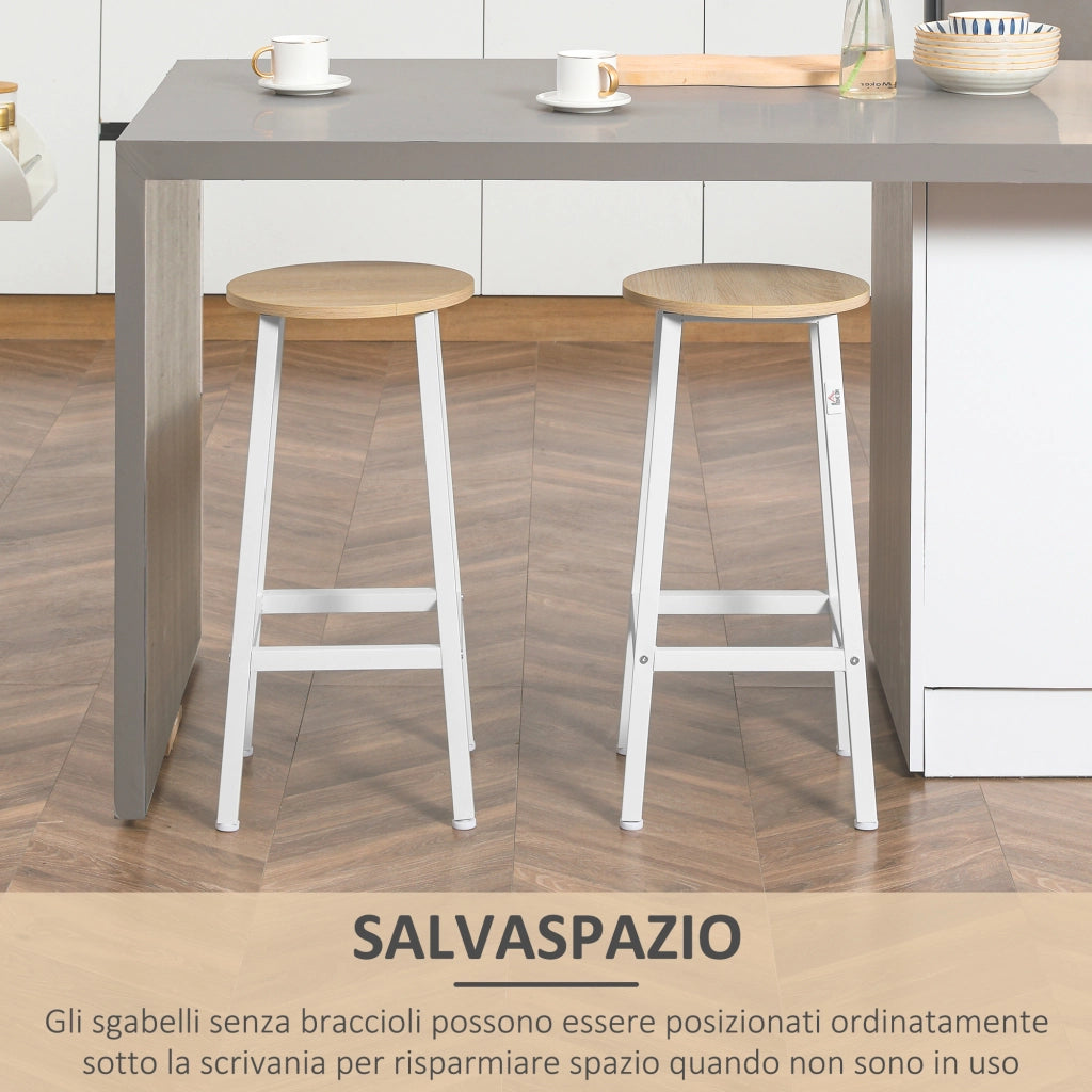 Set 2 Sgabelli da Cucina in Truciolato e Acciaio ¨C Zephmum ¨C Bianco e Legno 32.5x32.5x65 cm