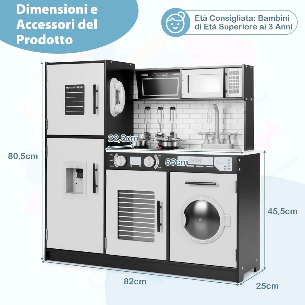 Cucina Giocattolo per Bambini, Cucina Legno per Bambini con Forno, Microonde, Lavatrice, Telefono, Lavello Rimovibile e Rubinetto Rotante, con Luci e Suoni, per Bambini di 3+ Anni (Nero)