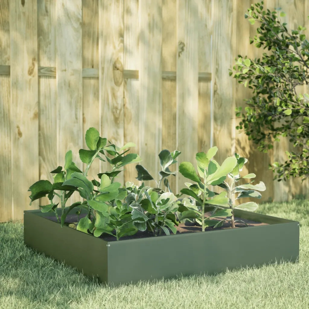 Fioriera Rialzata Giardino-Vaso da Esterno-Supporto per Vaso Verde Oliva 100x100x33,5 cm Acciaio