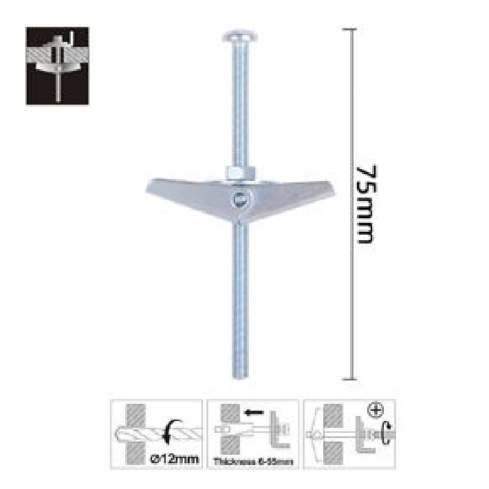 Trade Shop - Set 2 Pz Ancora A Farfalla In Acciaio Con Dado E Rondella Tassello M4x75mm 57225 -