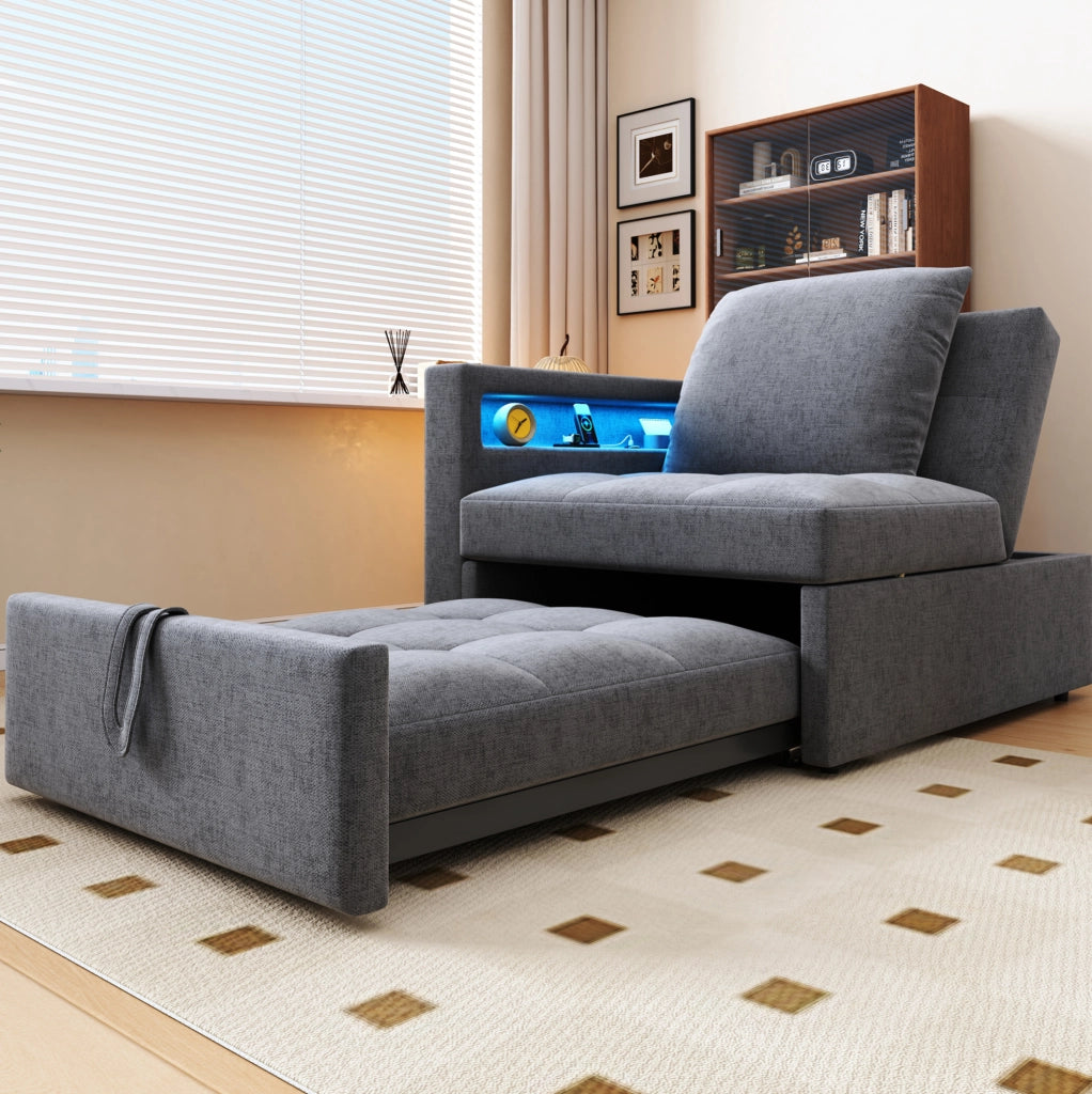 Divano letto 3 in 1 con schienale regolabile; LED e USB/Type-C in lino grigio chiaro
