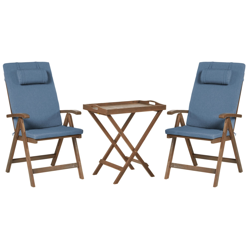 Set da giardino in legno massello di acacia con cuscini blu: tavolo e 2 sedie con schienale regolabile, pieghevoli, in stile rustico, per balcone