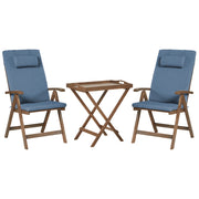 Set da giardino in legno massello di acacia con cuscini blu: tavolo e 2 sedie con schienale regolabile, pieghevoli, in stile rustico, per balcone