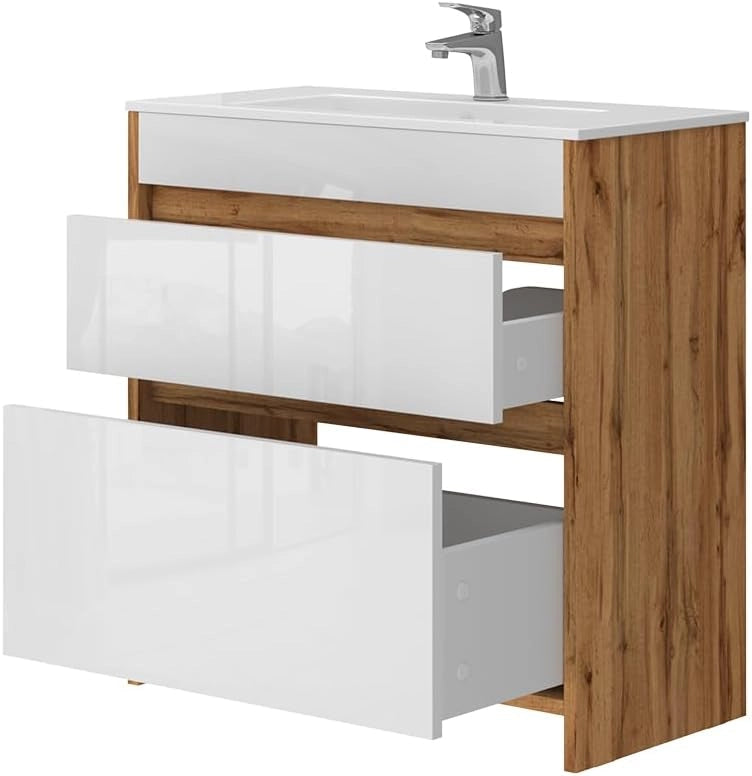 Mobiletto per lavabo Detmold, Quercia dorata, 2 parti, mobile base 80 cm, composto da mobile sottolavabo e lavabo