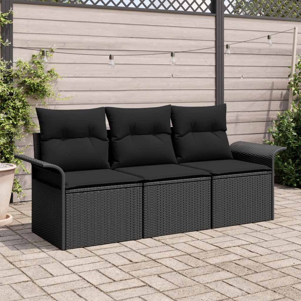 Set Divano da Giardino 3 Pezzi con Cuscini in Polyrattan Nero