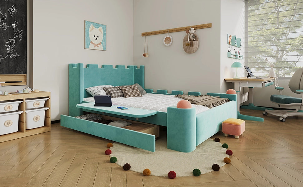 DESMIU Letto per bambini 140 × 200 cm con ripiano pieghevole, cassetto contenitore, senza materasso, velluto blu-verde