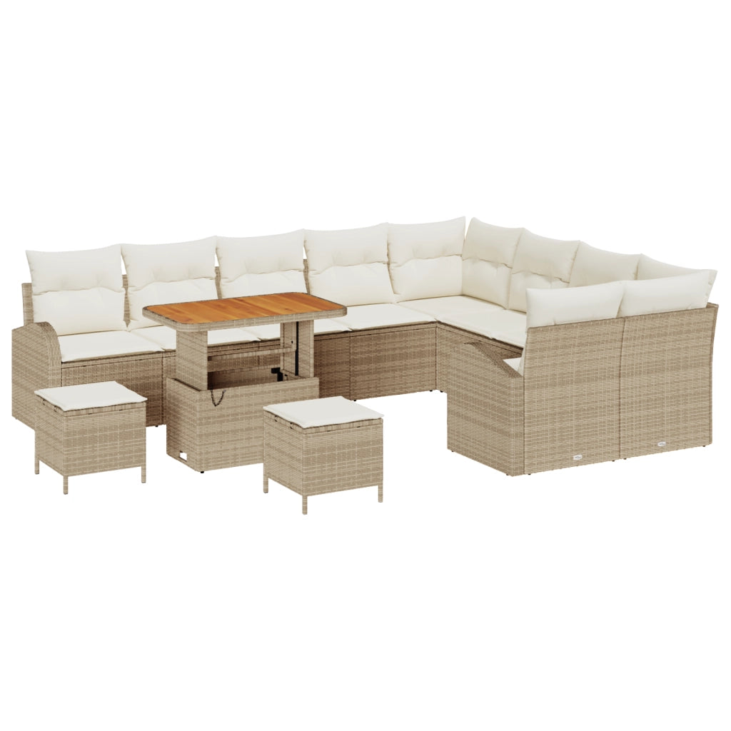Set Divano da Giardino da 12 Pezzi con Cuscini Beige Polirattan Acacia
