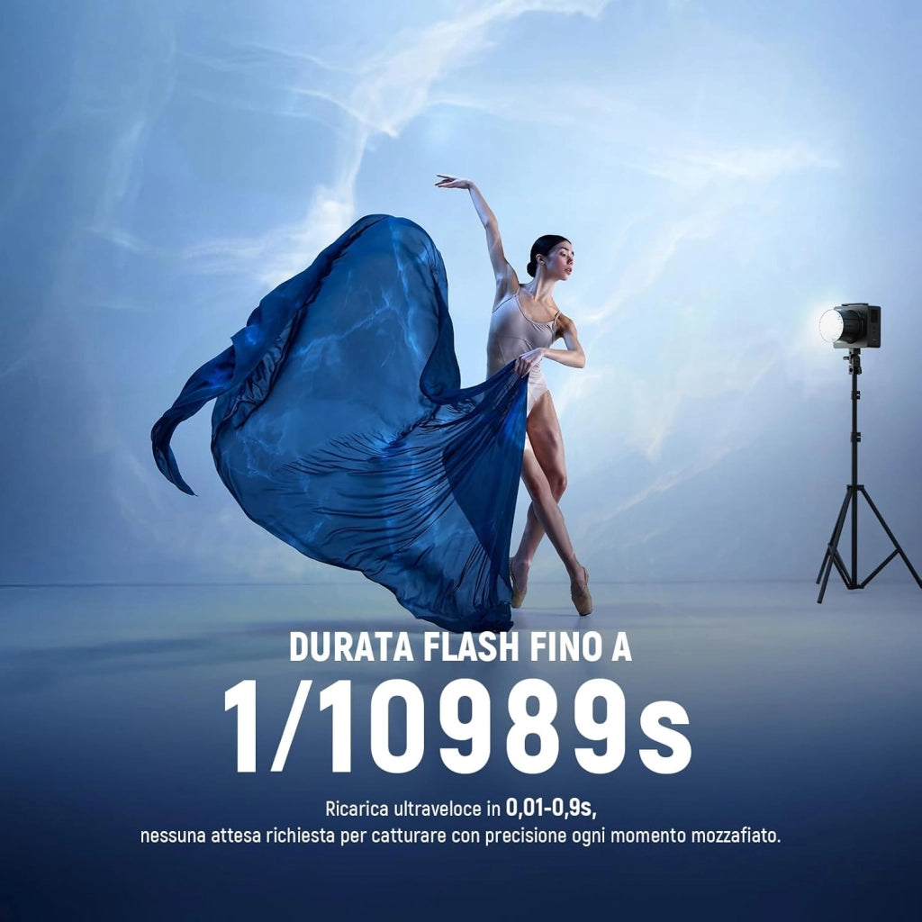 Q6 Flash da Studio Esterno TTL 2.4G 600Ws, Controllo App, 1/1 a 1/512, HSS 1/8000s Batteria 3000mAh, Luce Strobo con Lampada Pilota LED Bicolore 30W/400 Flash a Piena Potenza/Riciclo 0,01-0,9s