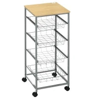 Carrello da Cucina Salvaspazio con 4 Cesti Estraibili in Legno e Acciaio, 36.5x36.5x89 cm, Argento e color Legno