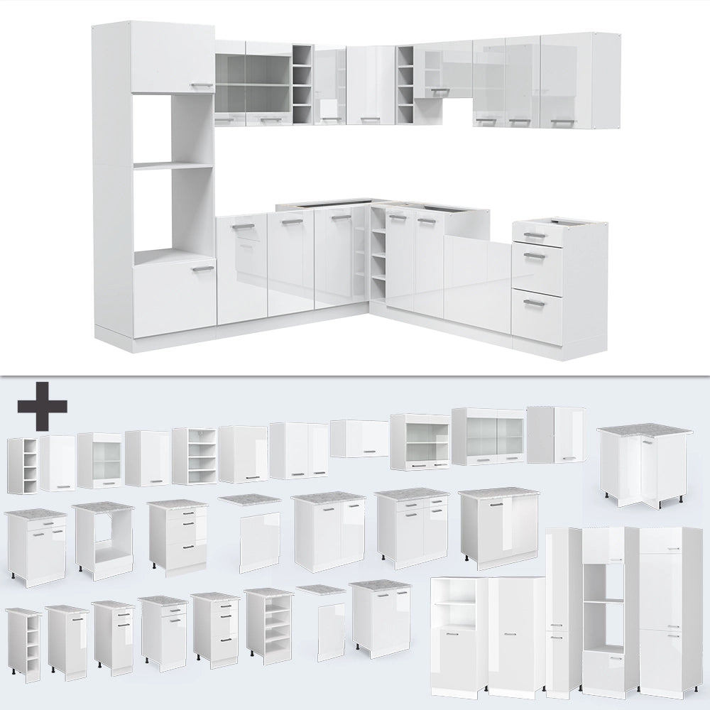 Cucina angolare completa R-Line Bianco lucido/Bianco 247 x 237 cm, PL Antracite Vicco