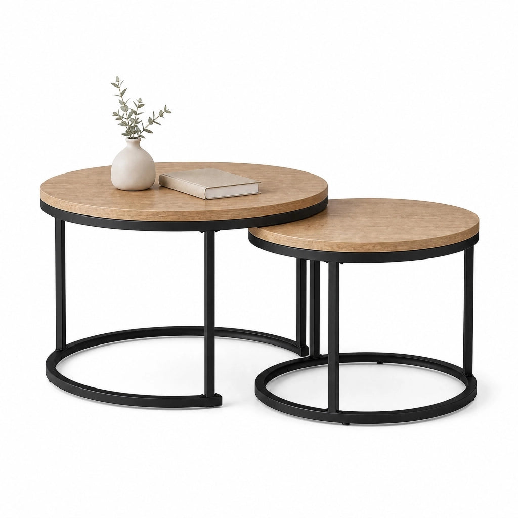 Set di tavolini rotondi impilabili in MDF effetto legno