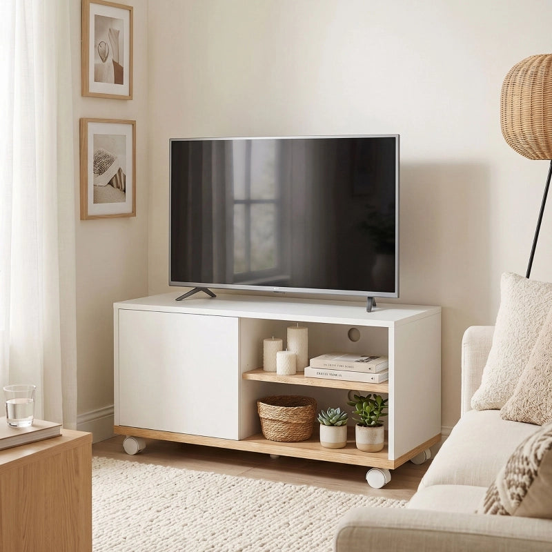 MOBILE TV su ruote 80x45x41 cm Bianco e Quercia con anta e ripiano regolabile
