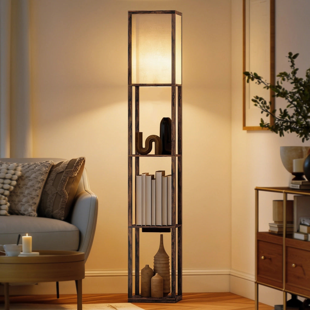 Lampada da Terra con Ripiani ¨C Zephmum ¨C Marrone, Luce Regolabile, Interruttore a Pedale, Porte USB