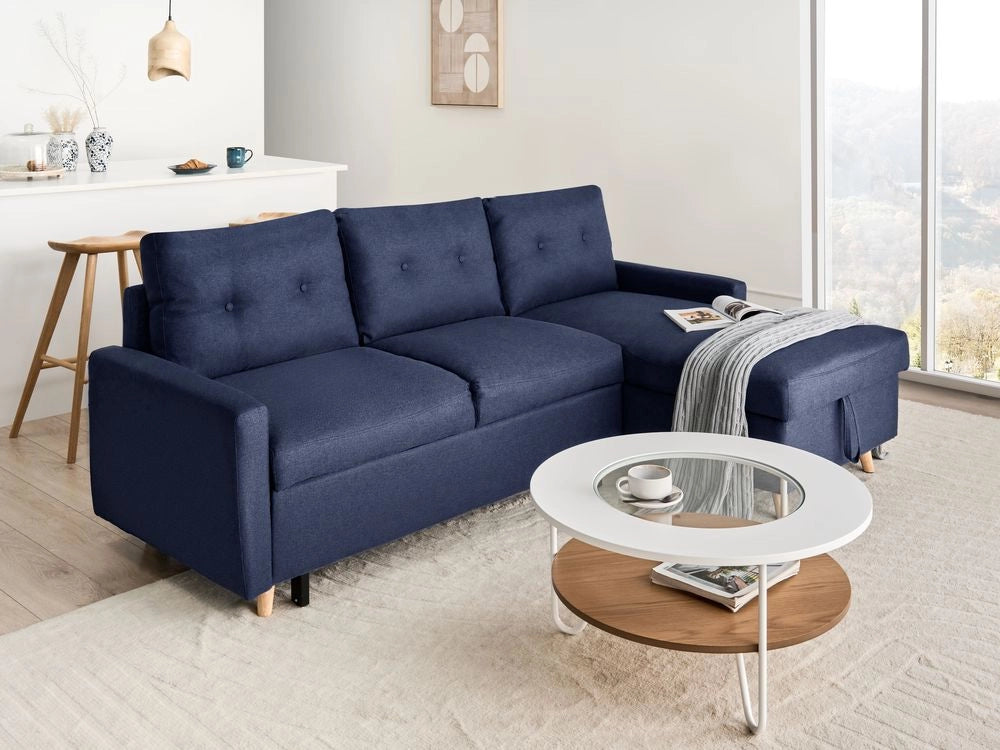 Divano letto ad angolo in tessuto blu 4 posti contenitore a forma di L con orientamento a versione sinistra