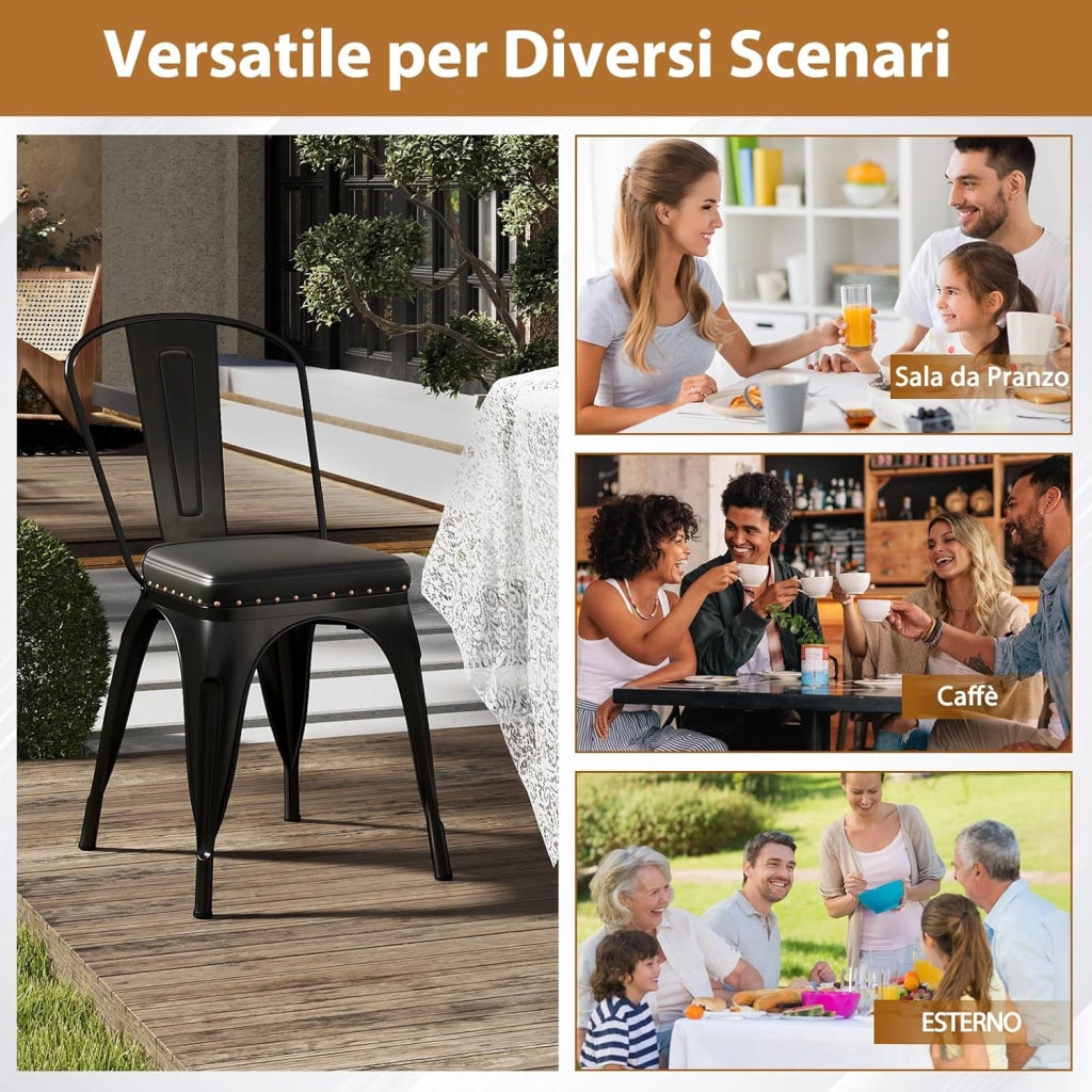4 Sgabelli Cucina 53 x 44 x 84 cm, Sedie Impilabili con Schienali Rimovibili e Sedile Imbottito in Finta Pelle, Sgabelli in Metallo per Ristorante, Bistro e Bar (Nero)