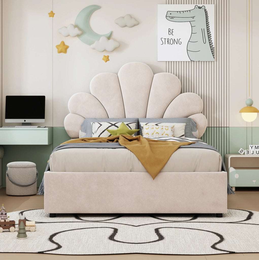 Letto singolo imbottito 90x200 cm con contenitore idraulico e rete a doghe; beige