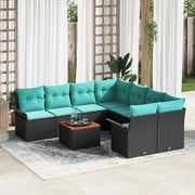 Set Divano da Giardino 9 pcs Nero e Turchese polyrattan