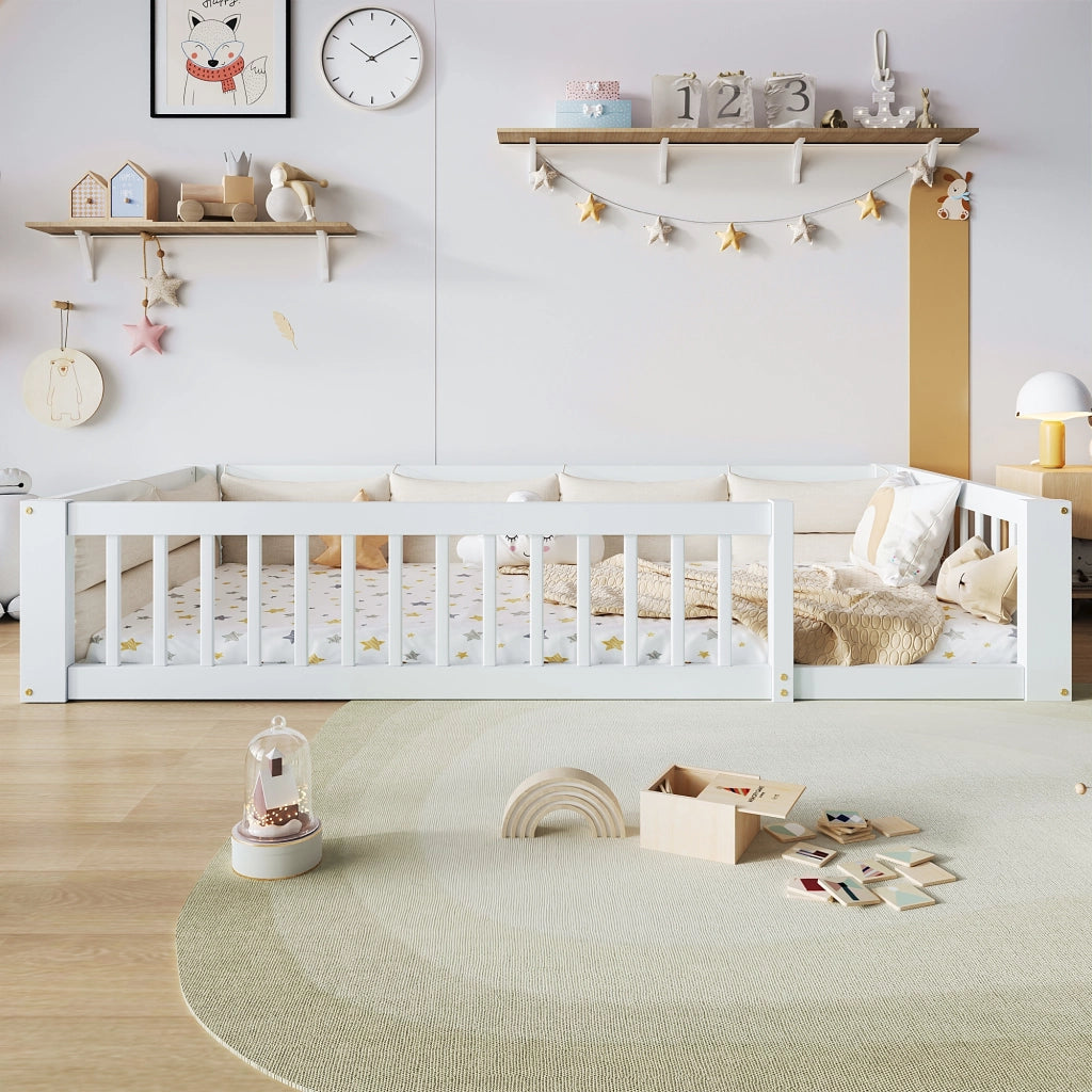 Letto a piattaforma 90x200, letto singolo bianco con cuscini e sponde