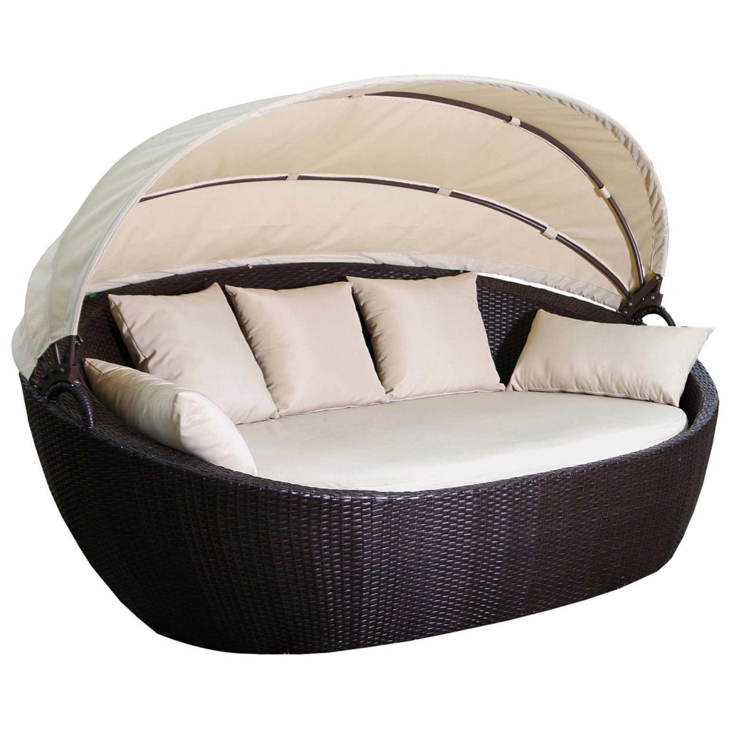 Guscio - Divano prendisole di design in alluminio e polyrattan con tettuccio parasole. Divano da giardino 3 posti lettino matrimoniale completo di cuscini.