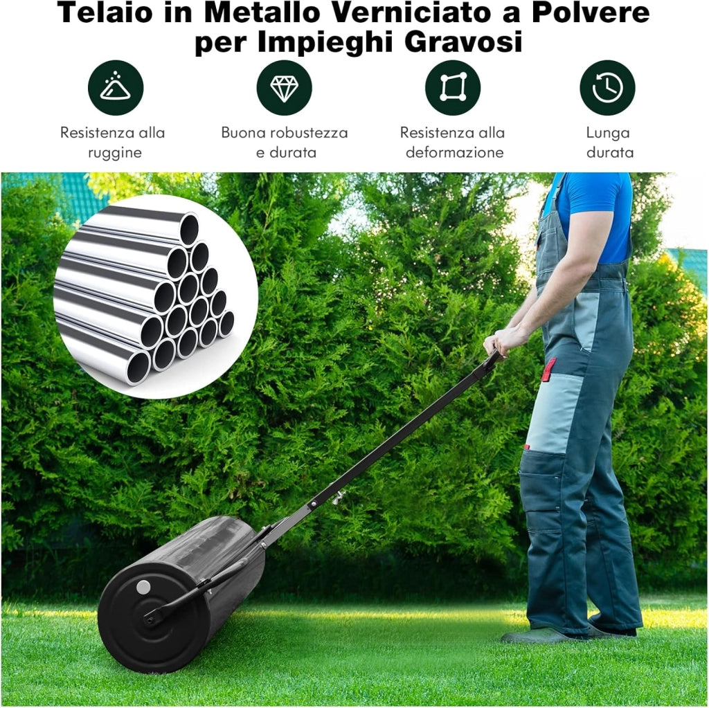 Rullo per Prato in Metallo, Rullo da Giardino Riempibile con 30 Litri di Acqua/Sabbia, con Gancio e Impugnatura Staccabile per Giardino, Prato, Parco e Fattoria (Nero)